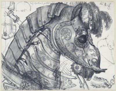 Armadura de cavalo e armadura de gala para o homem e o cavalo do Eleitor Christian I da Saxónia, em várias perspetivas e esboços com dimensões, Museu Histórico, Dresden de Adolph Menzel