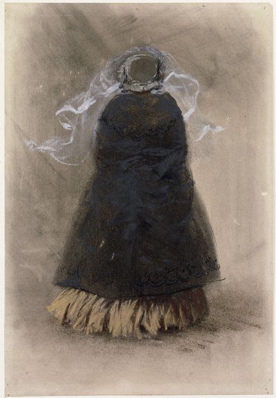 Figura de costas de uma senhora com chapéu e véu esvoaçante de Adolph Menzel