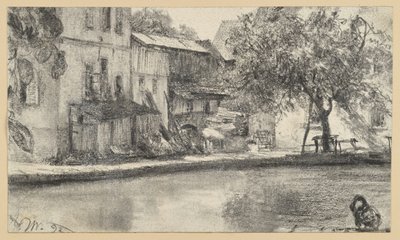 Parte traseira de uma fila de casas e árvore junto à água de Adolph Menzel