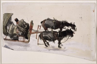 Atrelagem de trenó com dois cavalos e cocheiro, vista de cima de Adolph Menzel