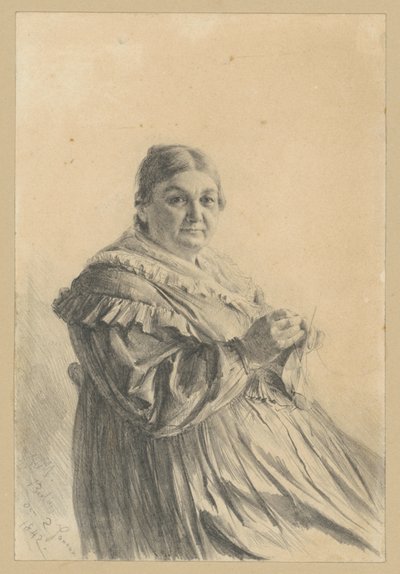 Mulher idosa sentada com meia de malha de Adolph Menzel