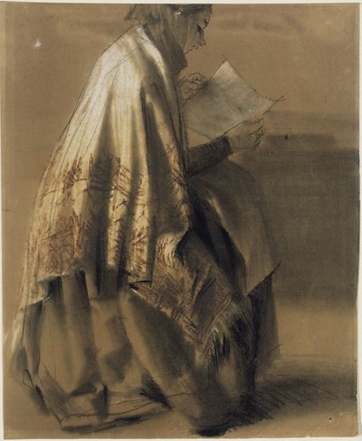 Mulher sentada, a ler, com um lenço largo enrolado à volta do pescoço de Adolph Menzel