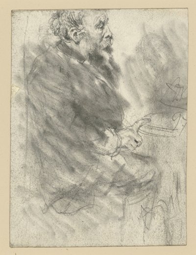 Homem barbudo sentado, virado para a direita, com o dedo indicador da mão direita estendido apoiado no tampo da mesa de Adolph Menzel