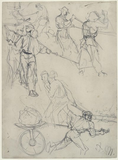 Esboços de trabalhadores a realizar diversas tarefas na laminadora. Estudo sobre «A laminadora de ferro. Ciclopes modernos» de Adolph Menzel