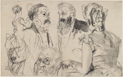 Folha de esboços com três cabeças masculinas e duas figuras femininas de costas de uma sociedade elegante de Adolph Menzel