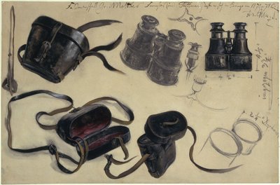 Estudo baseado nos binóculos do marechal de campo Conde von Moltke, estojo e detalhes, com anotações de Adolph Menzel