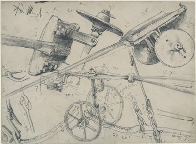 Carro de transporte com pormenores e medidas. Estudo para «A laminagem de ferro. Ciclopes modernos» de Adolph Menzel