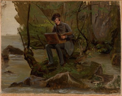 Um pintor em sua caixa de tintas de Adolph Tidemand