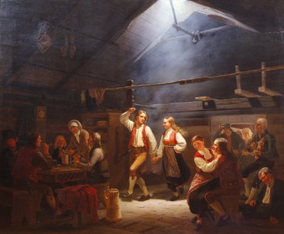 Domingo à tarde numa sala de fumo em Hardangersk (pintura) de Adolph Tidemand