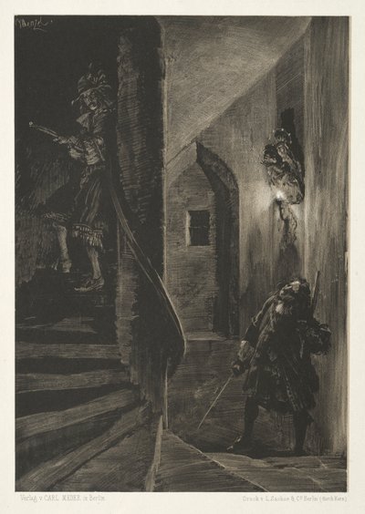 Ensaio sobre pedra com pincel e raspador: Perseguição na escada em caracol de Adolph Menzel
