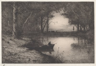 Um pescador em uma lagoa arborizada à noite de Adolphe Appian
