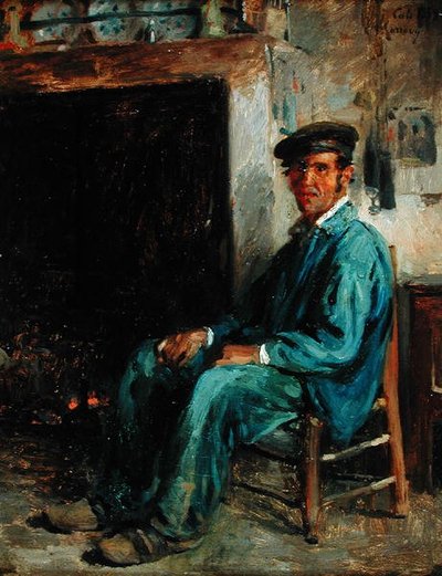Um camponês na frente de uma lareira, 1859 de Adolphe Felix Cals