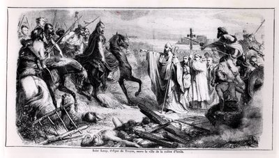 St. Loup defendendo a cidade de Troyes contra Átila, o Huno (c.406-453) em seu cavalo, ilustração de uma história da França, 2ª metade do século XIX (foto bw) de Adolphe Francois Pannemaker