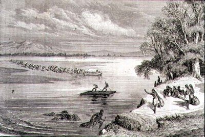 Atravessando o Rio Colorado na década de 1860 (gravura) de Adolphe Gusman