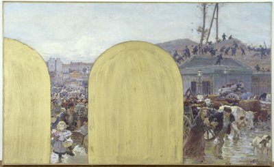 Esboço para o gabinete do prefeito do Hôtel de Ville de Paris: O regresso a Paris dos habitantes dos subúrbios: O cerco de Paris em 1870, em 1895 (óleo sobre tela) de Adolphe Gustave Binet