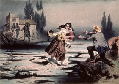 Eliza cruzando os blocos de gelo do rio Ohio para a liberdade, ilustração de &39;Uncle Tom&39;s Cabin&39; por Harriet Beecher Stowe, gravada por Charles Bour (1814-81) (litho) (ver também 90903) de Adolphe Jean Baptiste (after) Bayot