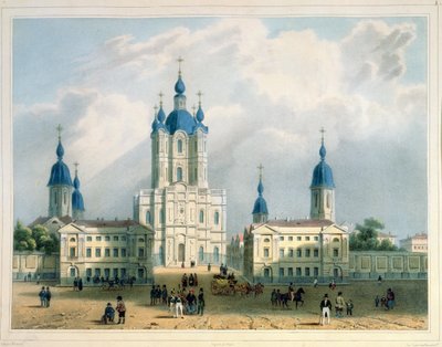 O Claustro Smolny em São Petersburgo, impresso por Edouard Jean-Marie Hostein (1804-89), publicado por Lemercier, Paris, 1840 (litografia colorida) de Adolphe Jean Baptiste Bayot