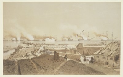 Bombardeio de Kil-Bouroun, na foz do rio Dnieper, pela frota francesa, a partir de Nos Souvenirs de Kil-Bouroun pingente LHiver passe na Le Liman du Dnieper, 1855-56, gravado por Eugene Ciceri (1 de Adolphe Jean Baptiste Bayot and Antoine Leon Morel Fatio