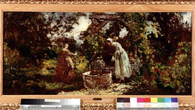 Uma elegante e a sua criada no poço Pintura de Adolphe Monticelli (1824-1886) Dim. 34,5x69,5 cm Menção obrigatória: Colecção de saudações de fundação da Provença, Marselha de Adolphe Joseph Thomas Monticelli