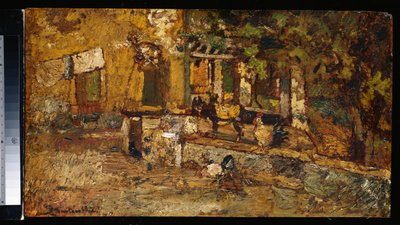 Quintal com Burro e Galos de Adolphe Joseph Thomas Monticelli