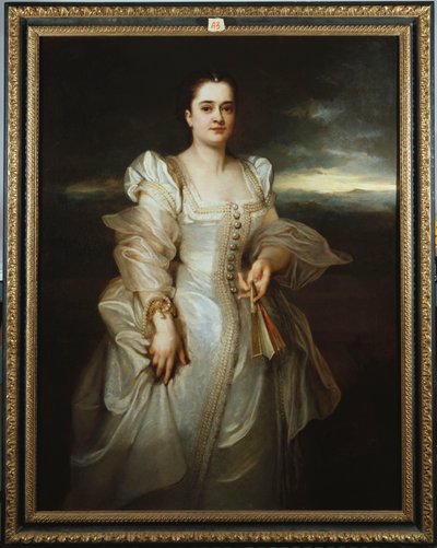 Retrato de uma senhora usando um vestido branco bordado com pérolas de Adolphe Joseph Thomas Monticelli