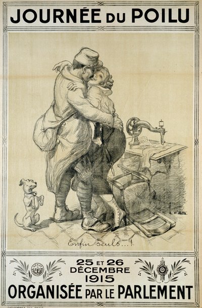 Primeira Guerra Mundial: cartaz em homenagem aos soldados que representam a reunião de um casal para o Dia do Cabeludo nos dias 25 e 26 de dezembro de Adolphe Leon Willette