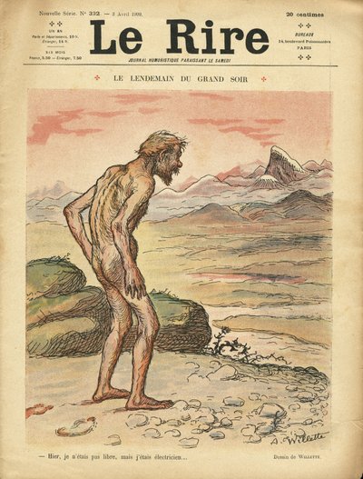 Ilustração de Adolphe dit Willette (1857-1926) para a capa de Le Lire, 03/04/09 - Le next day du grand soir - Social, Prehistoire, Collectivism - Nudite de Adolphe Leon Willette