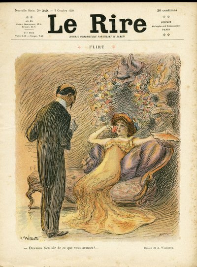 Ilustração de Adolphe dit Willette (1857-1926) para a capa do Le Rire, 09/10/09 - Flirt - Amor, Moda, Arquitetura Interna de Adolphe Leon Willette