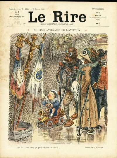 Ilustração de Adolphe dit Willette (1857-1926) para a capa de Le Rire, 26/02/10 - No cinquentenário da aviação - Aviação, Moda, Chapéu, Catástrofes de Acidentes de Adolphe Leon Willette