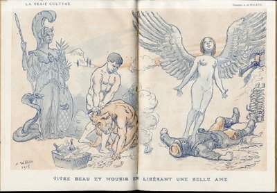 Ilustração de Adolphe dit Willette (1857-1926) em "Fantasio", 01/05/15 - Viver bonito e morrer libertando uma bela alma - Guerra dos 14-18, Cadáveres mortos, Barbary/Kultur, Jam of Skull - Soldados de Adolphe Leon Willette