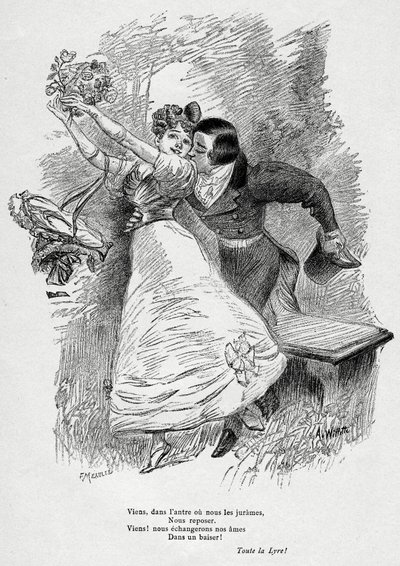 Dois amantes: "Venham e troquem as nossas almas/ Num beijo! "Ilustração de Wilette para o poema de Victor Hugo "L