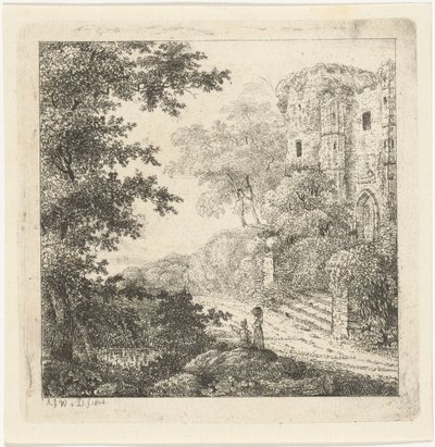 Paisagem com figuras nas ruínas de um castelo de Adriaan Jacob Willem van Dielen