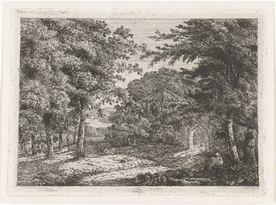Paisagem com capela entre árvores e leitura de monge de Adriaan Jacob Willem van Dielen