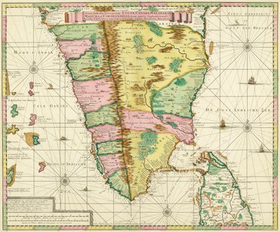 Mapa do sul da Índia e Ceilão, depois de um trabalho feito por volta de 1720 pelo cartógrafo holandês Adriaan Reland de Adriaan Reland