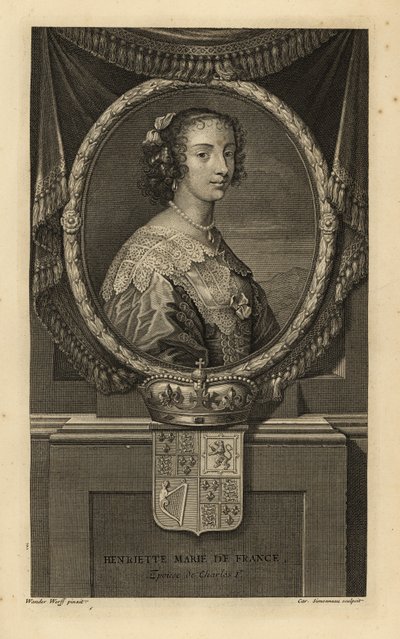 Henrietta Maria de França, esposa do rei Carlos I de Inglaterra. Henriette Marie de France. De vestido com gola de renda e colar de pérolas. Com coroa e brasão de armas. Gravura em talhe-doce de Charles Simonneau segundo Adriaen van der Werff a partir da o de Adriaan van der (after) Werff