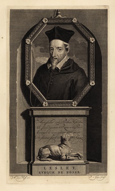 John Lesley, historiador escocês e bispo de Ross. Eveque de Rosse. Cão com chave. Gravura em cobre de Pieter Stevens van Gunst, segundo Adriaen van der Werff, da Histoire d