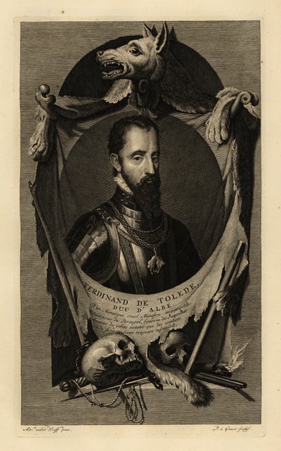 Retrato de Fernando Álvarez de Toledo y Pimentel, 3º Duque de Alba, ou Duque de Ferro. De armadura com corrente da ordem do Tosão de Ouro. Com pele de lobo, crânios humanos, espada, punhal e pistola de pederneira. Ferdinand de Tolede, duque de Albe. Cobre de Adriaan van der (after) Werff