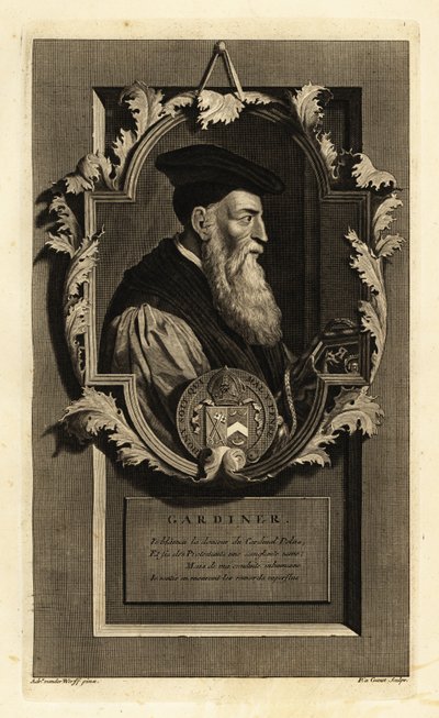 Retrato de Stephen Gardiner, bispo de Winchester e político. Com brasão de armas. Gravura em talhe-doce de Pieter Stevens van Gunst, segundo Adriaen van der Werff, da Histoire d