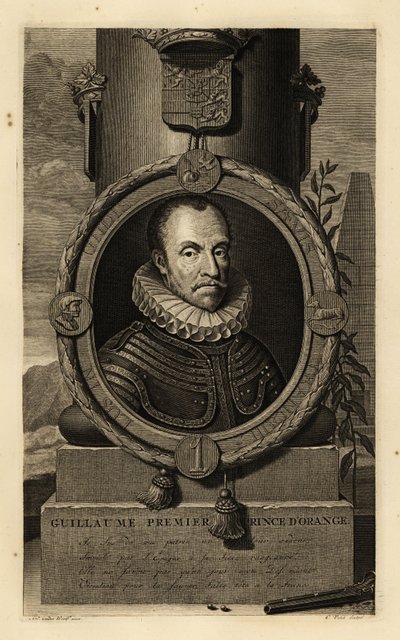 Guilherme I, Príncipe de Orange, Guilherme, o Silencioso ou Guilherme, o Taciturno. Guillaume, Primeiro Príncipe de Orange. De armadura com rufo de renda, brasão de armas por cima, pistola de pederneira e bala de chumbo por baixo. Gravura em talhe-doce de  de Adriaan van der (after) Werff