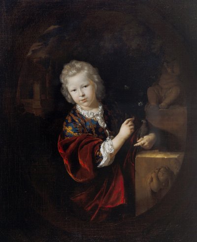 Retrato de um jovem rapaz segurando um periquito ao lado de uma estátua de Hércules de Adriaan van der Werff