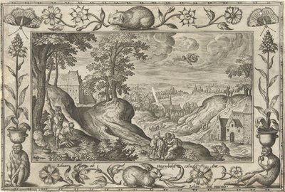 Abraão sacrifica Isaac
Paisagens com cenas bíblicas, mitológicas e cenas de caça (título da série) de Adriaen Collaert