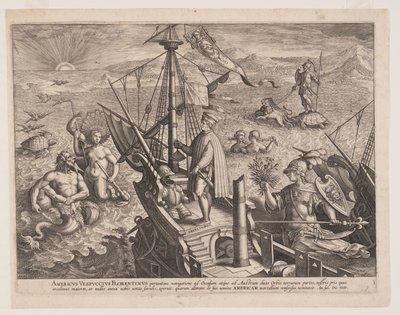 Américo Vespúcio no seu navio, de Americae Retectio (A Descoberta da América) de Adriaen Collaert