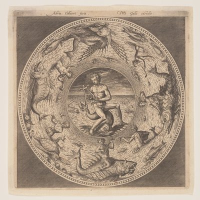 Arion sobre um golfinho rodeado por uma orla decorada com criaturas marinhas, de um conjunto de desenhos para pratos (Fonds de Coupe) de Adriaen Collaert