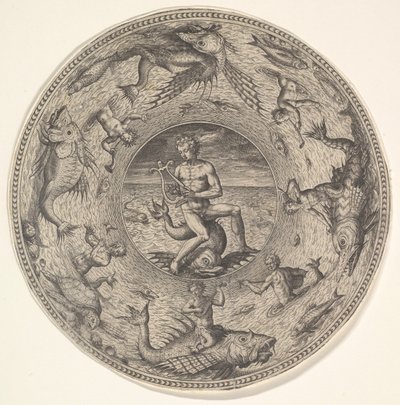 Arion em um golfinho cercado por uma borda decorada com criaturas do mar, de um conjunto de ..., 1580-1600. de Adriaen Collaert