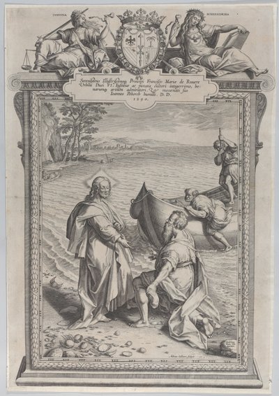 Cristo chamando Santo André, que se ajoelha diante dele na praia, e São Pedro, que sobe..., 1590. de Adriaen Collaert