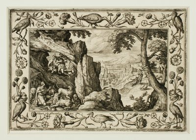 Daniel na cova dos leões, de Paisagens com cenas do Antigo e do Novo Testamento e cenas de caça de Adriaen Collaert