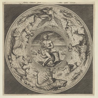 Projeto para um prato com Arion montando um golfinho em um medalhão cercado por monstros marinhos..., c1600. de Adriaen Collaert