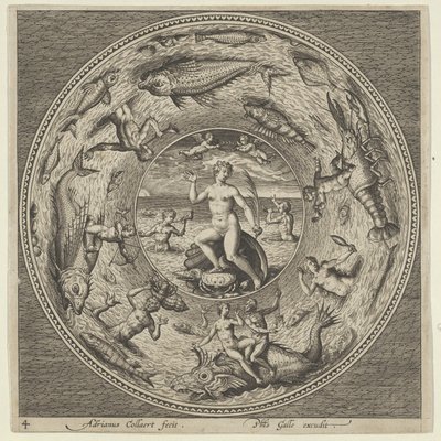 Projeto para uma Placa com Galatea em uma Concha Ladeada por Trompetistas em uma Borda de Medalhão..., c1600. de Adriaen Collaert
