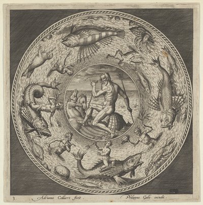 Projeto para uma Placa com Netuno em uma Concha Desenhada por Cavalos em um Medalhão Bordado por ..., c1600. de Adriaen Collaert