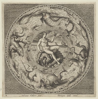 Projeto para uma placa com Thetis em uma concha em um medalhão cercado por monstros marinhos, c1600. de Adriaen Collaert